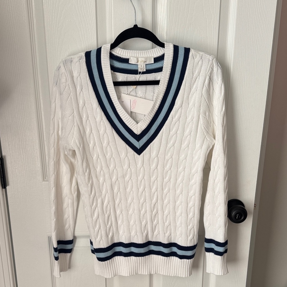 Lilly Pulitzer V-Neck Cable Knit Sweater - White and Navy